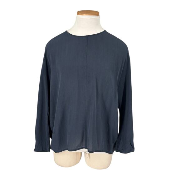 Meg Shop Boxy Silk Top Blue XS 3/4 Dolman Sleeve Split Back Luxury - Picture 2 of 10